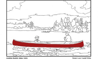 un dessin d'un homme et une femme dans un canoë rouge