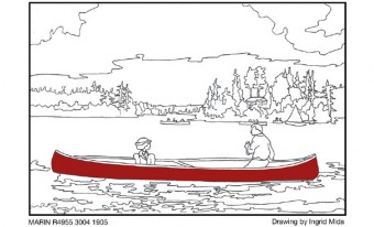 illustration of a woman and a man in a red canoe
