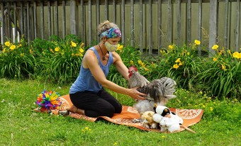Une femme portant un masque facial, est agenouillée sur un tapis de yoga posé sur l'herbe. Elle tend la main vers un coq gris qui se trouve à côté d'elle sur le tapis. Une série de jouets sont disposés autour d’eux.