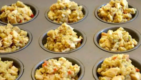 leftover stuffing and turkey in a muffin tin