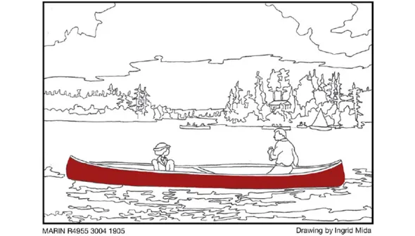 illustration of a woman and a man in a red canoe