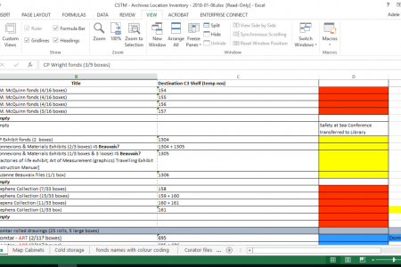 Screen shot of our old location management spreadsheet showing old shelf numbers, new shelf numbers, and colour codes. 