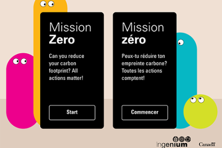 Écran de démarrage bilingue pour « Mission zéro » avec des titres noirs en anglais et en français.  En arrière-plan il y a des formes colorées, qui ressemblent à des personnages, qui ont des yeux globuleux.