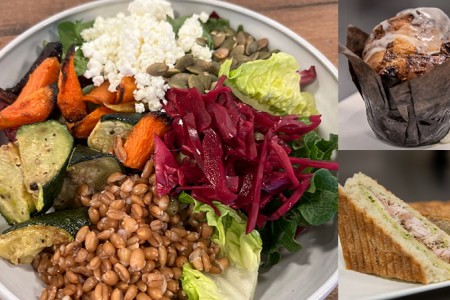Collage photo of a salad, sandwich and cinnamon bun