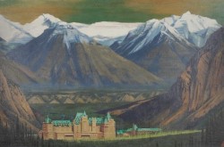 An oil painting depicts a hotel dwarfed by the mountains of Banff.