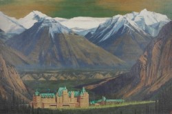 Ce tableau à l’huile dépeint un hôtel dominé par les montagnes de Banff.