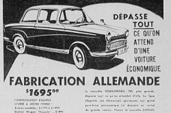 Une des publicités publiées dans des quotidiens québécois pour promouvoir la nouvelle automobile Glas Goggomobil T700. Anon., « Publicité - Eugène Roy Limitée. » La Presse, 1er avril 1960, 39.