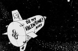 Un dessin éditorial mettant en lumière le lancement de la sonde planétaire soviétique Venera 1 en février 1961. Edmund Alexander Sebestyen, « To Venus With Love. » Saskatoon Star-Phoenix, 14 février 1961, 4.