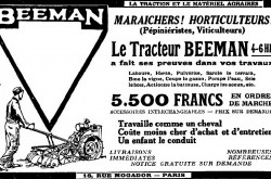 An advertisement published by La traction et le matériel agraires Société anonyme for the American Beeman Junior garden tractor. Anon., “La traction et le matériel agraires Société anonyme.” L’Agriculture nouvelle, 12 November 1921, 664.