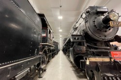 Photo prise au centre d’une vaste salle, avec deux rangées de locomotives et de matériel roulant. 