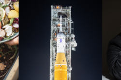 A spliced, three-part image depicts a bowl of food scraps being poured into a wooden bin already containing semi-decomposed food scraps, a huge orange rocket core standing between two white rocket boosters on a mobile launch vehicle, illuminated by spotlights against a black background, and a seated, tired-looking woman sitting in a dark space, slouched over, resting her face on her hand.