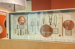 Stethoscopes displayed in the permanent Medical Sensations exhibition at the Canada Science and Technology Museum.
