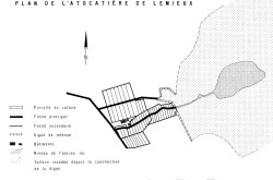 A map of the cranberry bog of Les Producteurs de Québec Limitée of Lemieux, Québec. Luc Bureau, “Un exemple d’adaptation de l’agriculture à des conditions écologiques en apparence hostiles: L’Atocatière de Lemieux,” Cahiers de géographie du Québec, December 1970, 389.