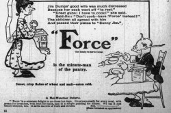 Publicité typique publiée par Force Food Company mettant en vedette Sunny Jim et, dans ce cas-ci, son épouse. Anon., « Force Food Company. » St. Louis Globe-Democrat, 23 septembre 1902, 3.